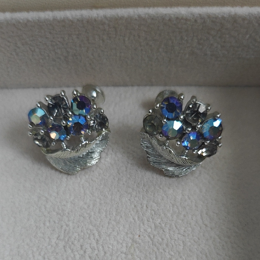 Lisner Silver and Blue Floral Crystal Earrings